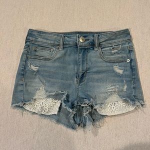 American Eagle Hi Rise Shortie Ripped Peek a Boo Pockets Denim Jean Shorts
